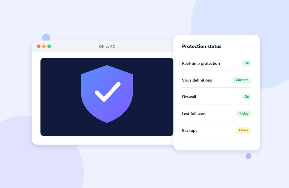 Office PC with a security shield and a protection status checklist