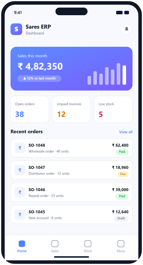 Sares ERP mobile dashboard showing monthly sales, open orders and recent orders