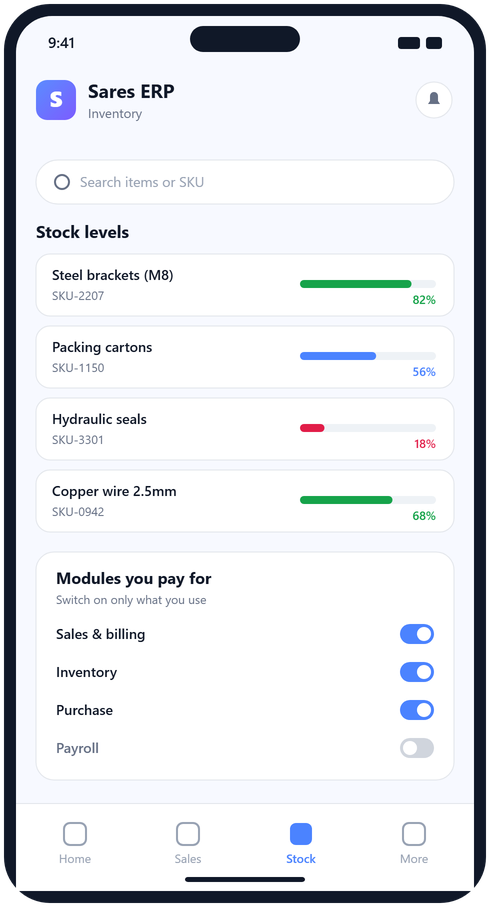 Sares ERP mobile inventory screen with stock levels and pay-per-module toggles